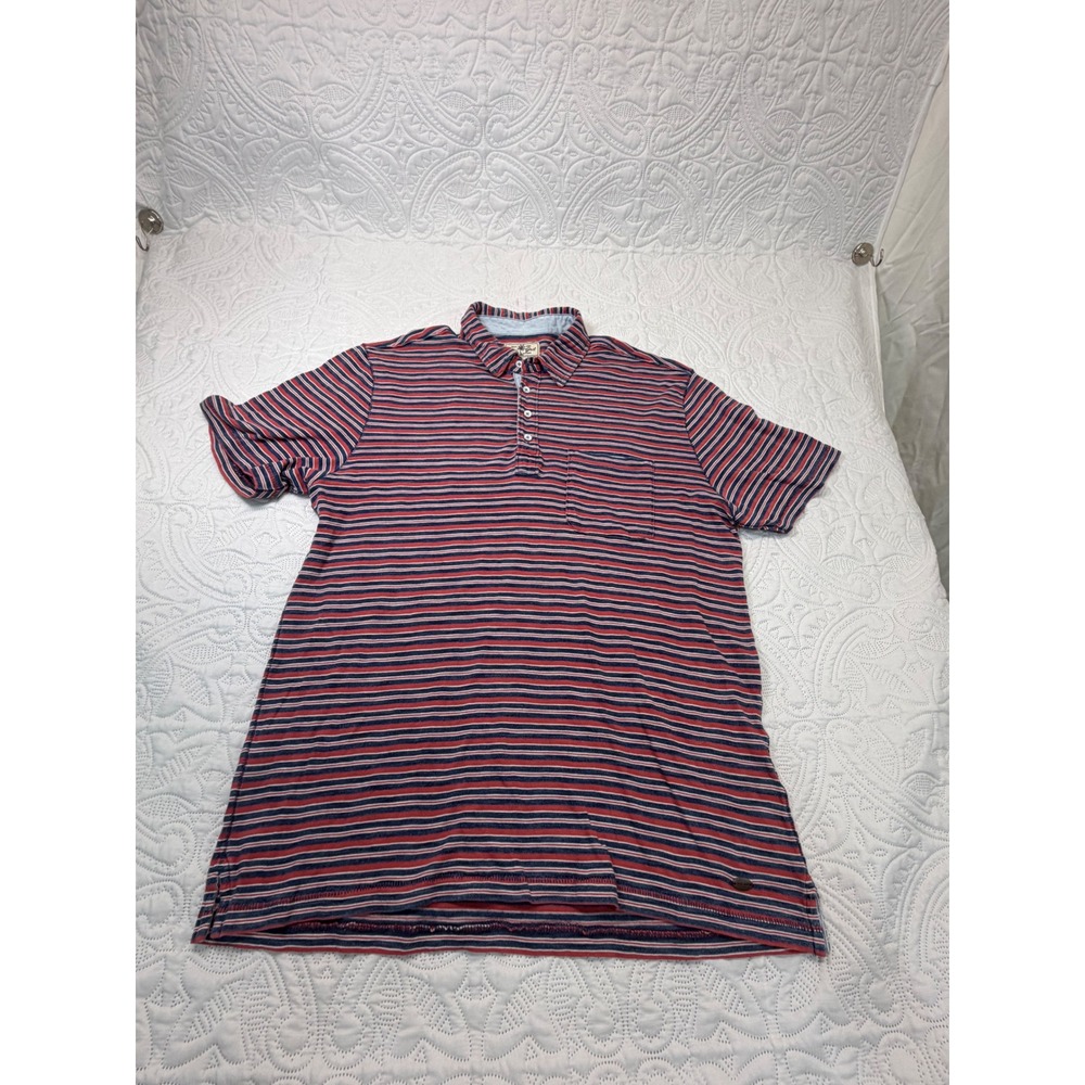True Grit Men Large Red White Blue Striped Cotton Short Sleeve Polo Shirt Pocket